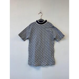 Vintage Sweater Mens Medium Blue Geometric Mock Neck Short Sleeve Taiwan 70s